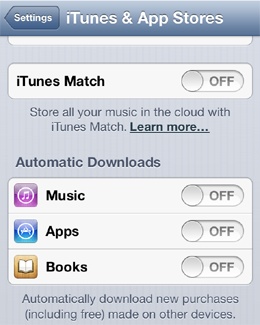 iOS devices let you turn on or off automatic downloads in the iTunes & App Stores section of the Settings app.