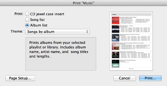 The iTunes Print dialog. Here you can see a preview of a list of songs by album, including album art and a complete list of the contents of the albums.