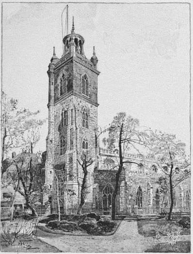 Image unavailable: CHURCH OF ST. GILES, CRIPPLEGATE, WHERE DEFOE IS SUPPOSED TO HAVE BEEN BAPTIZED. DRAWN BY HARRY FENN. ENGRAVED BY H. E. SYLVESTER.