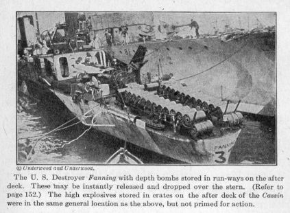 The U. S. Destroyer Fanning with depth bombs stored in run-ways on the after deck. These may be instantly released and dropped over the stern. (Refer to page 152.) The high explosives stored in crates on the after deck of the Cassin were in the same general location as the above, but not primed for action.