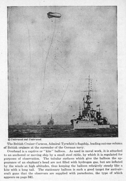 The British Cruiser Curacoa, Admiral Tyrwhitt's flagship, leading out one column of British cruisers at the surrender of the German navy. Overhead is a captive or "kite" balloon. As used in naval work, it is attached to an anchored or moving ship by a small steel cable, by which it is regulated for purposes of observation. The tubular surfaces which give the balloon the appearance of an elephant's head are not filled with hydrogen gas, but are inflated by the winds at high altitudes, thus keeping the balloon relatively steady like a kite with a long tail. The stationary balloon is such a good target for anti-aircraft guns that the observers are supplied with parachutes, the type of which appears on page 341.