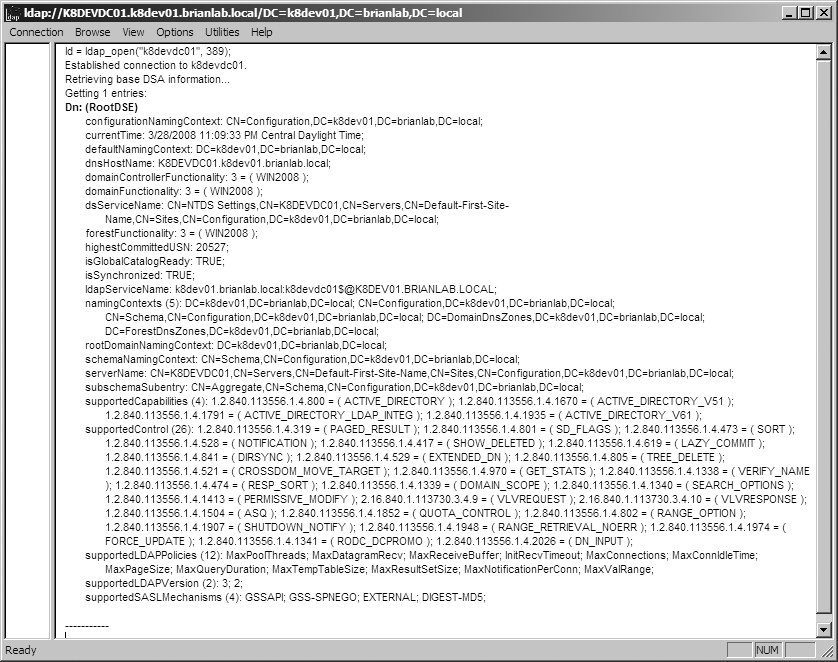 LDP RootDSE output on a Windows Server 2008 domain controller