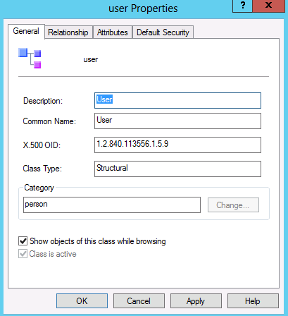 User class schema entry general settings