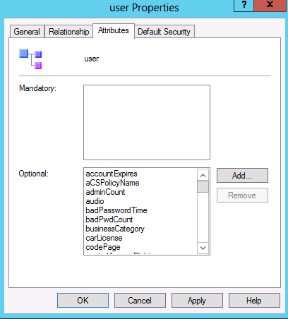 User class schema entry attribute settings