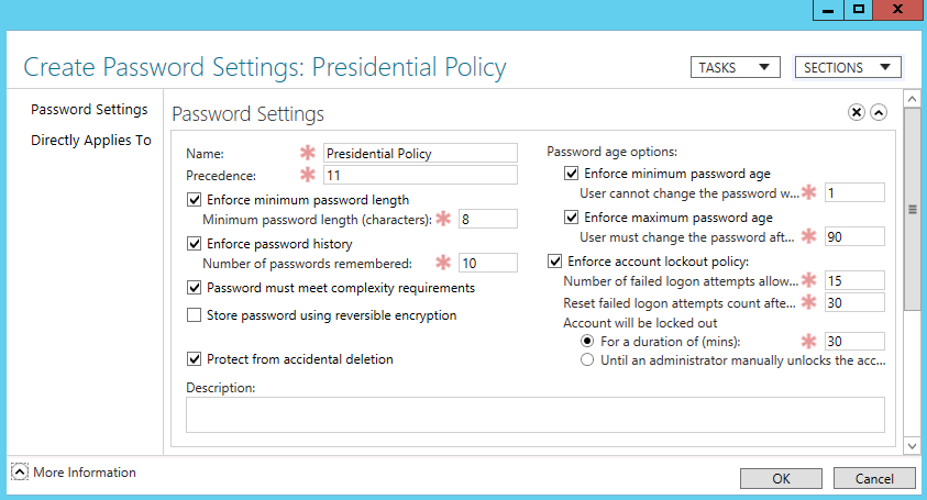 Creating a new PSO with the Active Directory Administrative Center