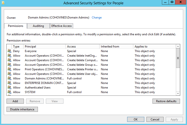 Advanced security Settings for an object