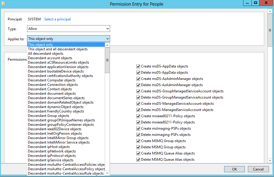 Permission Entry window showing the large number of targets to which permissions can be applied