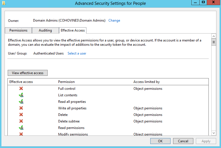 Viewing the effective permissions for Authenticated Users on the People OU object