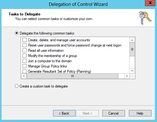 Delegation of Control wizard—task selection