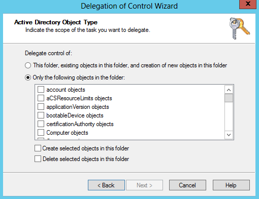 Delegation of Control wizard—choosing objects to delegate