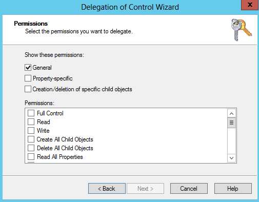 Delegation of Control wizard—access rights selection