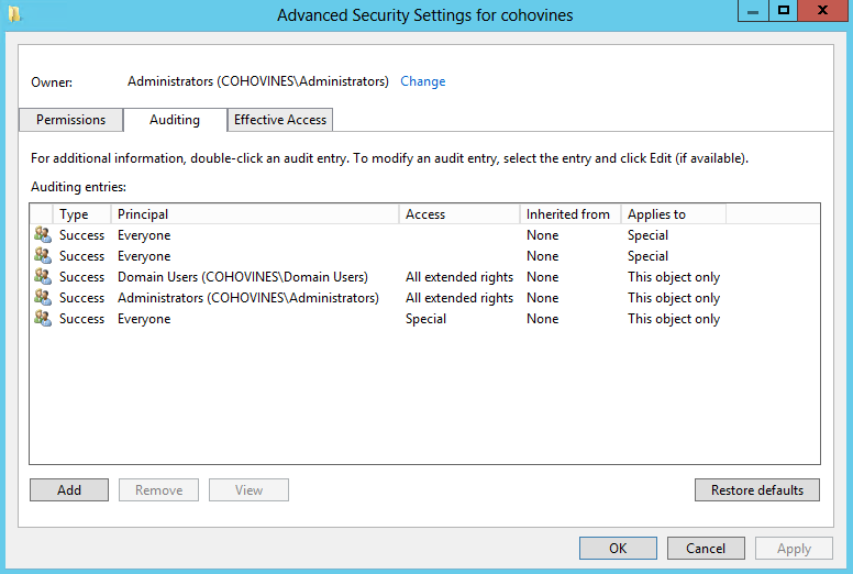 Advanced Security Settings window showing auditing entries