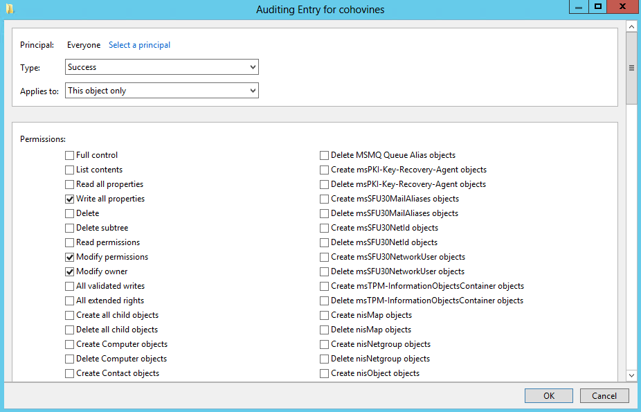 Auditing entry for an object’s properties