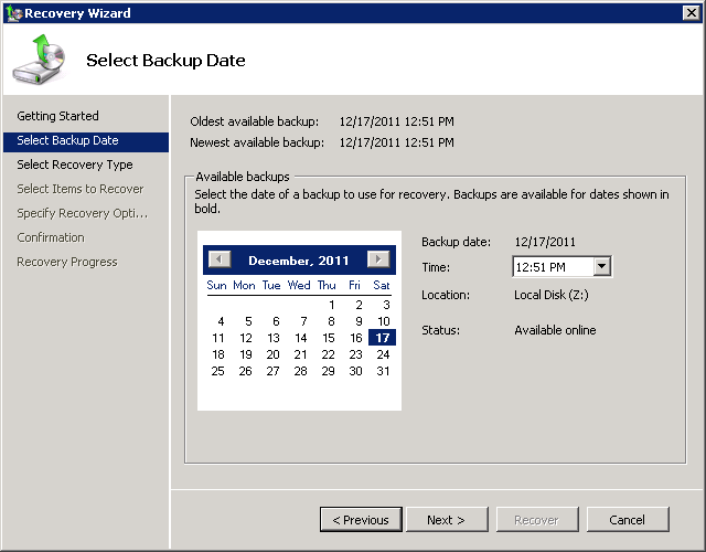 Selecting a backup to restore from with Windows Server Backup