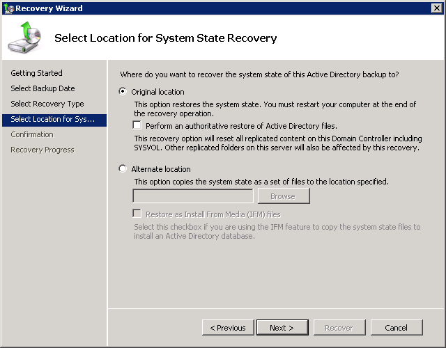 System State Recovery location