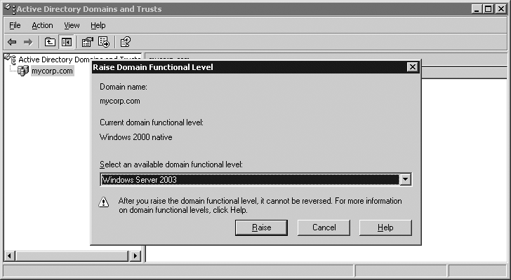 Raising the domain functional level with AD Domains and Trusts