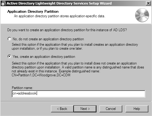 Application Directory Partition dialog