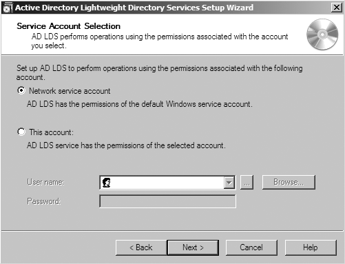 Service Account Selection dialog