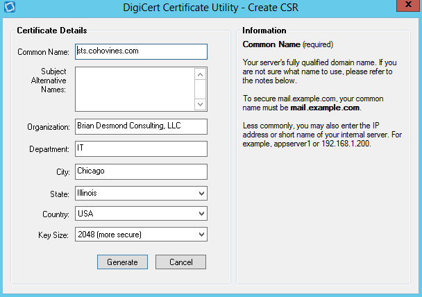 DigiCert CSR creation wizard