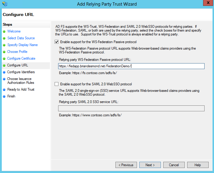 Configuring the relying party trust URL