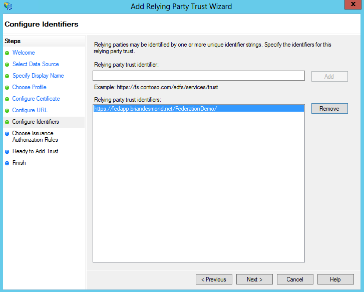 Configuring the relying party trust identifier