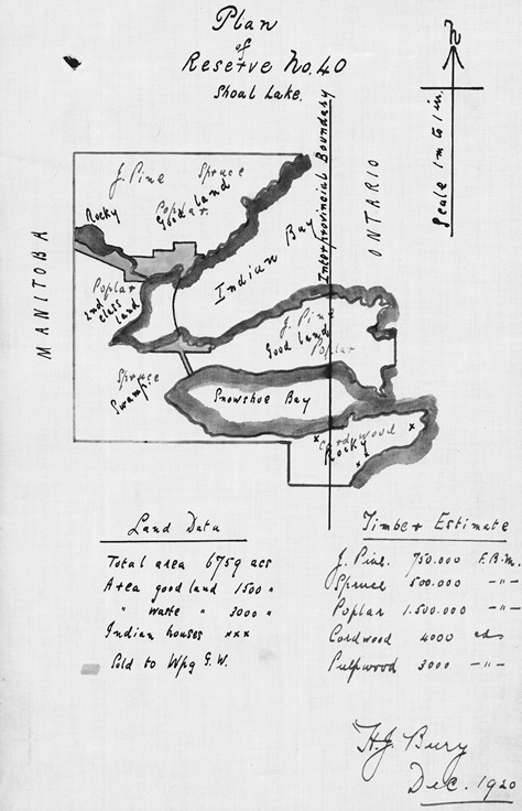 Black and white image of a hand-drawn vertically-oriented map. Map text at the top reads: Plan of Reserve No.40 Shoal Lake. Underneath the drawing there are two sets of data written: at centre left: “Land Data: Total area 6759 acs / Area good land 1500 / water 3000  / Indian houses xxx.” A legend below depicting a lighter grey says “Sold to Wpg G.W.” At bottom right is written: “Timber Estimate” and below that quantities of J.Pine, Spruce, Poplar, Cordwood, and Pulpwood are listed. Signed at bottom right: H.J. Bury Dec. 1920.