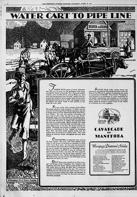 A black and white full newspaper page from Winnipeg Tribune featuring a woodcut illustration with the words, “WATER CART TO PIPE LINE” across the top. Workers are depicted hauling water and tending to a water cart pulled by cattle. Another wagon is farther in the background of the illustration in front of a “Flour & Feed” store. Embedded in the centre-right foreground is a rectangular framed article with the text CAVALCADE OF MANITOBA.