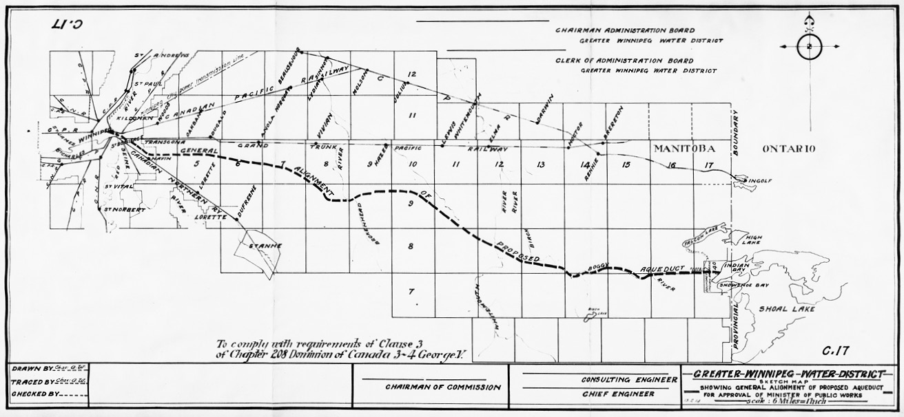 Black and white map laid out on grid depicting aqueduct path from Winnipeg at far left to Shoal Lake at far right and the names of numerous small communities marked in between. Bottom right hand corner indicates scale at 6 miles = inch.