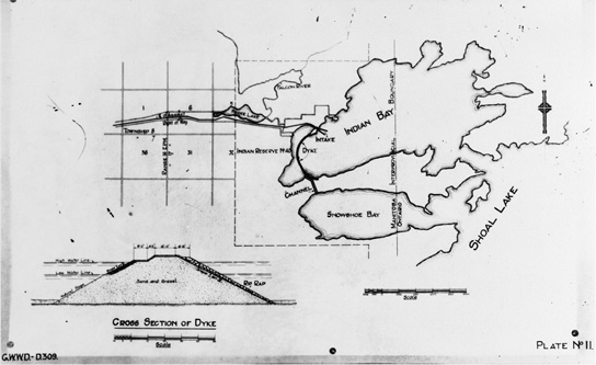 A Black and white line-drawing map depicting Shoal Lake, Indian Bay, Snowshoe Bay, and a cross section of the dyke