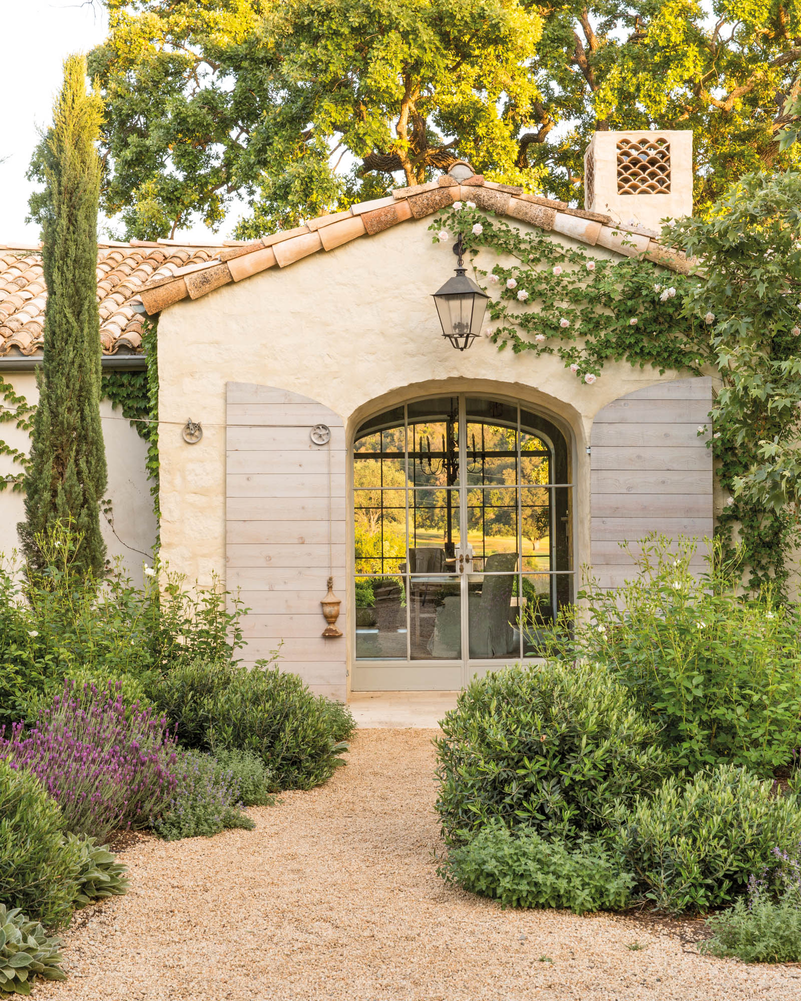 Photo of A combination of catmint and lamb’s ear growing in the middle of the gravel driveway, giving it the feel of a country lane. A glimpse of the goat garden can be viewed when the doors on both sides of the garage are open.