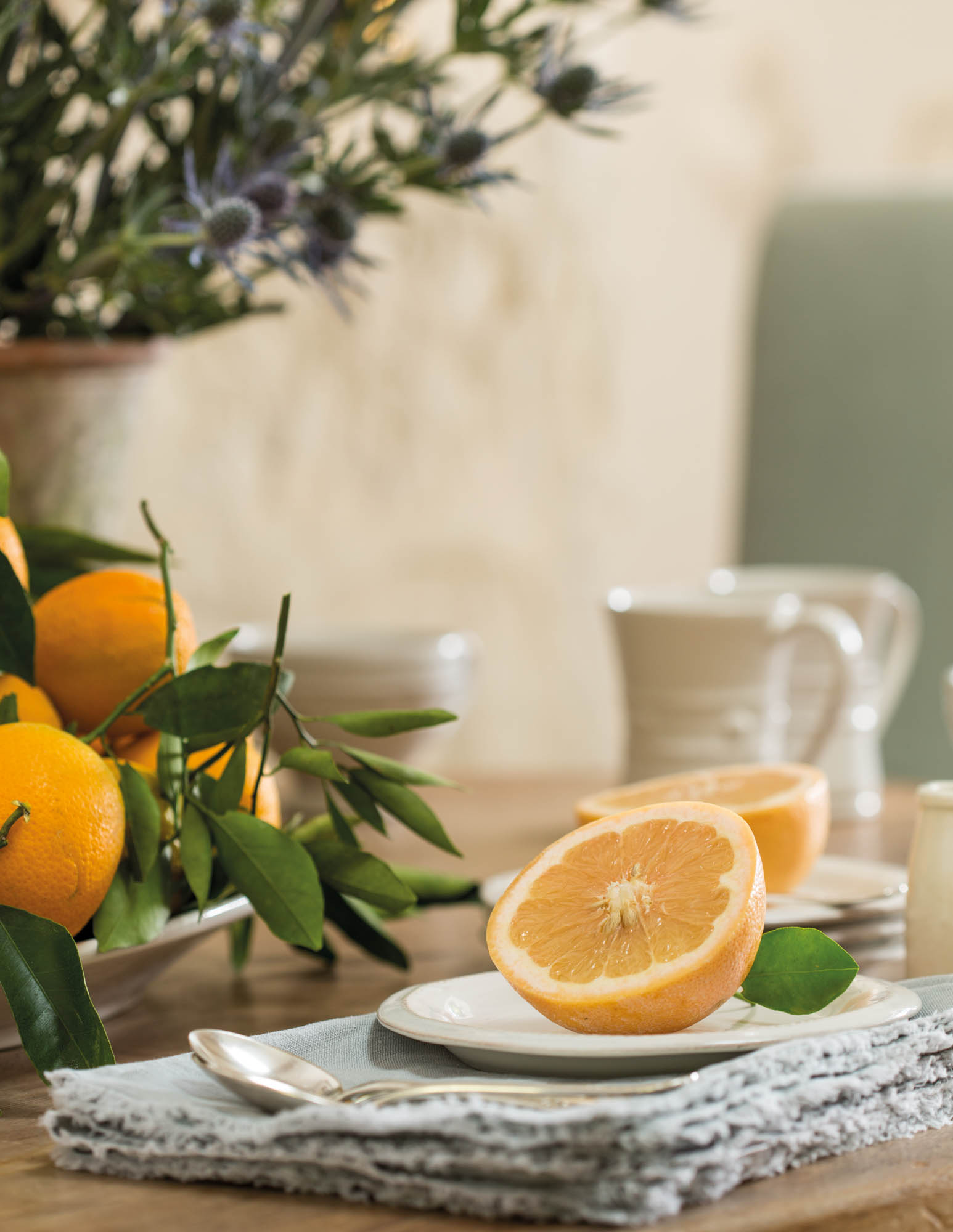 Detail of fruit at a place-setting in the breakfast nook.