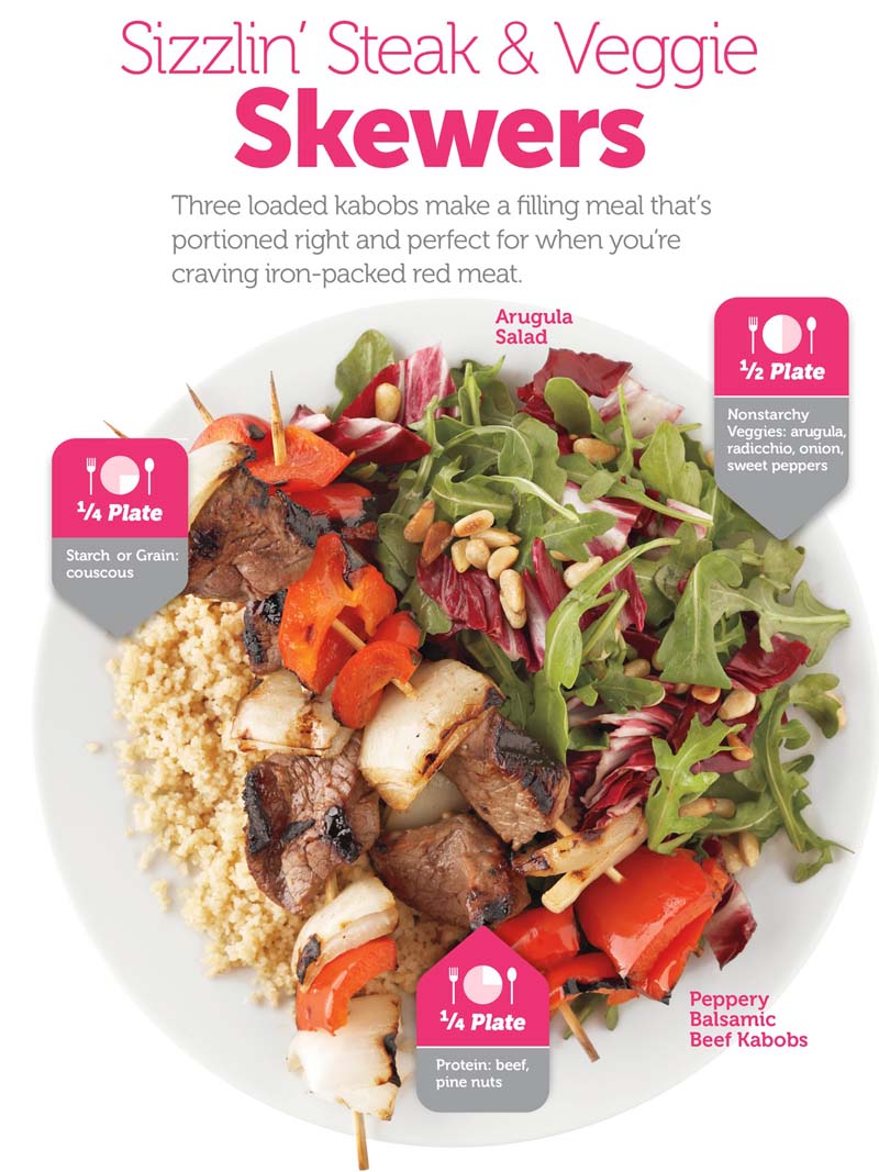 Sizzlin’ Steak and Veggie Skewers: Three loaded kabobs make a filling meal that’s portioned right and perfect for when you’re craving iron-packed red meat.