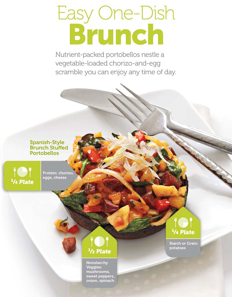 Easy One-Dish Brunch: Nutrient-packed portobellos nestle a vegetable-loaded chorizo-and-egg scramble you can enjoy any time of day.