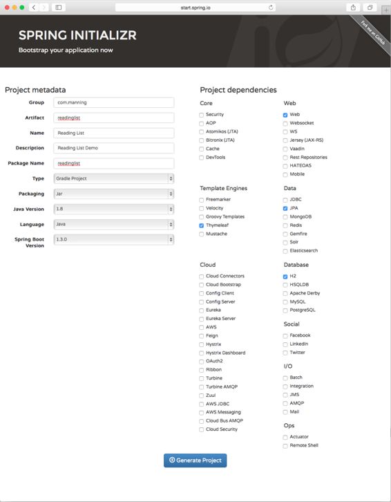 Initializing the reading list app via Initializr’s web interface