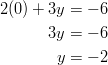 2(0)+3y& =-6\ 3y& =-6\ y& =-2