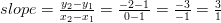 slope=\frac{y_2-y_1}{x_2-x_1}=\frac{-2-1}{0-1}=\frac{-3}{-1}=\frac{3}{1}