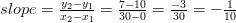 slope=\frac{y_2-y_1}{x_2-x_1}=\frac{7-10}{30-0}=\frac{-3}{30}=-\frac{1}{10}