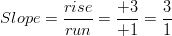 Slope=\frac{rise}{run}=\frac{+3}{+1}=\frac{3}{1}