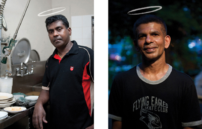 Two photos, one of a young middle-Eastern man standing by a dishwasher, and the other of a smiling, dark-skinned man standing outside. Both have halos drawn above their heads.