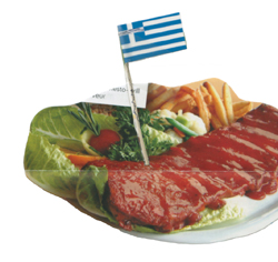 A plate of spareribs stuck with a Greek flag toothpick