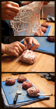 Wrapping meatballs with caul fat