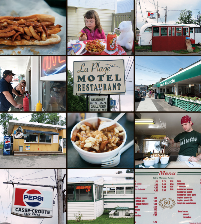 An assortment of photos from a summertime small-town outdoor cafe that serves hotdogs and ice cream