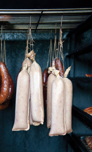 Cased sausages hanging