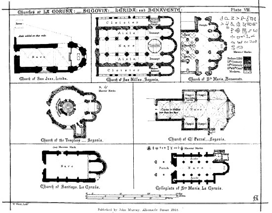 Churches at LA CORUÑA:—SEGOVIA:—LÉRIDA: and BENAVENTE: Plate VIII. W. West, Lithr. Published by John Murray, Albemarle Street 1865.