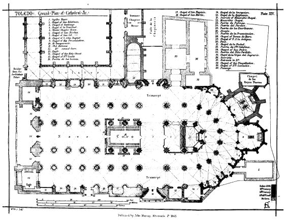 TOLEDO Ground Plan of Cathedral &c. Plate XIV. W. West, Lithr. Published by John Murray, Albemarle St. 1865.