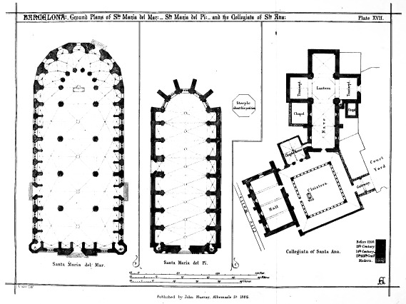 BARCELONA:—Ground Plans of Sta Maria del Mar:—Sta Maria del Pi:—and the Collegista of Sta Ana: Plate XVII. Published by John Murray, Albemarle St. 1865.