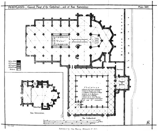 PAMPLONA:—Ground Plans of the Cathedral:—and of San Saturnino: Plate XXV. Published by John Murray, Albemarle St. 1865.