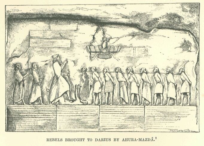 174.jpg Rebels Brought to Darius by Ahura-mazd This Is The Scene Depicted on the Rock of Behistun. 