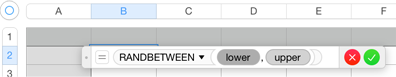 **Figure 193:** The function name is embedded in a token that serves as the open parenthesis. The `lower` and `upper` tokens describe the information RANDBETWEEN needs to generate random numbers.