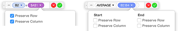 **Figure 95:** Left: A cell reference token’s popover lets you set absolute references. Right: A range token provides absolute reference choices for each extreme of the range.